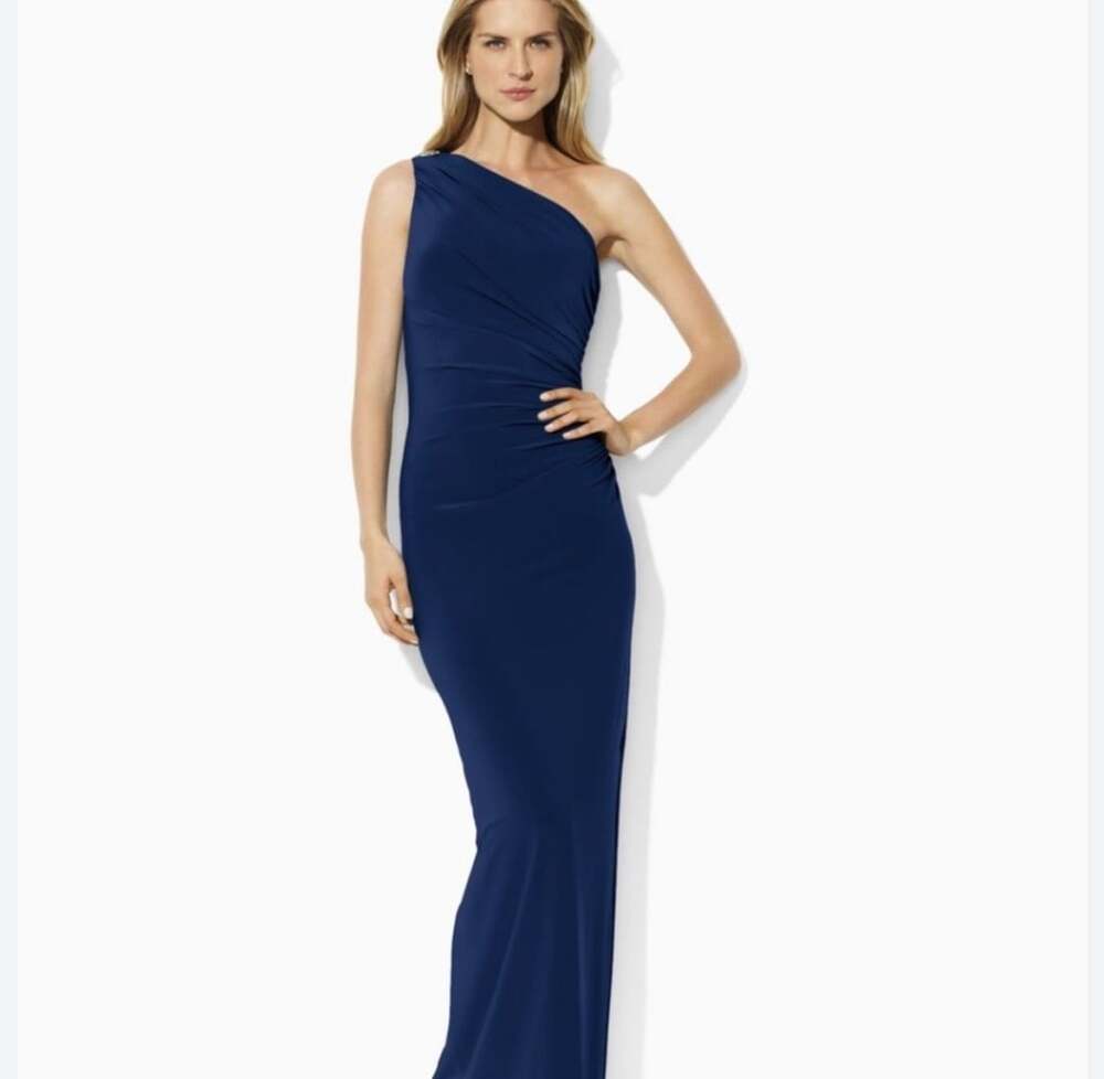 NWT Ralph Lauren Navy Embellished one shoulder Formal Dress, 10